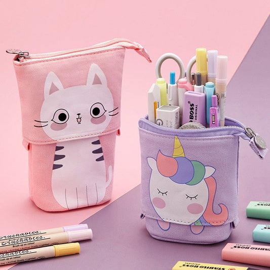 Kids Creative Retractable cat pencil case school stationery bag Kawaii Pencil cases canvas big cute pen holder gifts for kids pen bag