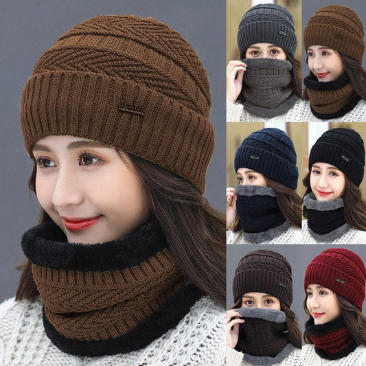 Two-Piece Set Fashion Women Knitted Hat Scarf Caps Neck Warmer Winter Hats For Men Women Beanies Warm Fleece Cap