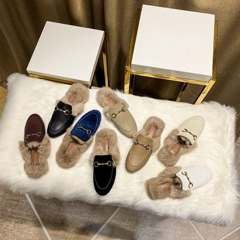 Buckle Fashion Rabbit Hair Muller Shoes Fur Slippers Women's Half Slippers