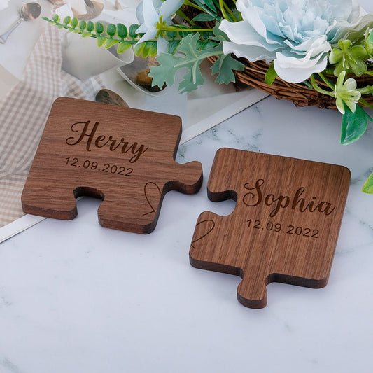 2pcs Custom Name Puzzle Coasters Wooden Coffee Coaster Couple Gift Love Souvenir Table Coaster Boyfriend Valentine's Day Gifts