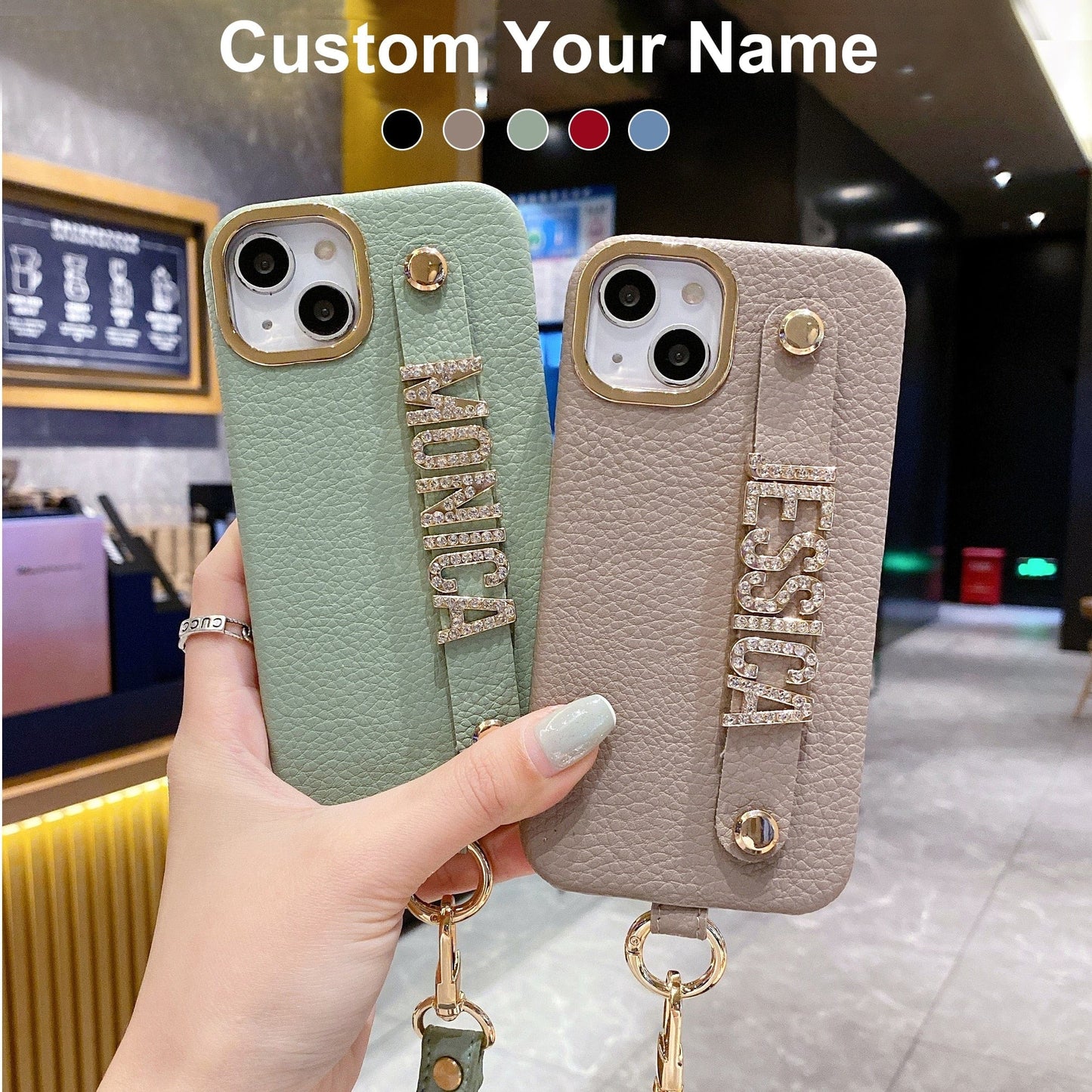 Personalize Name Strap PU Leather Phone Case For iPhone 11 12 13 14 Pro Max Plus Lanyard Diamond Metal Letter Monogram Cover