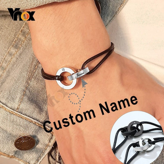 Custom Name Interlocked Circle Charm Bracelet for Men Women Adjustable Length Chain Engrave Initial Casual Couple Gift