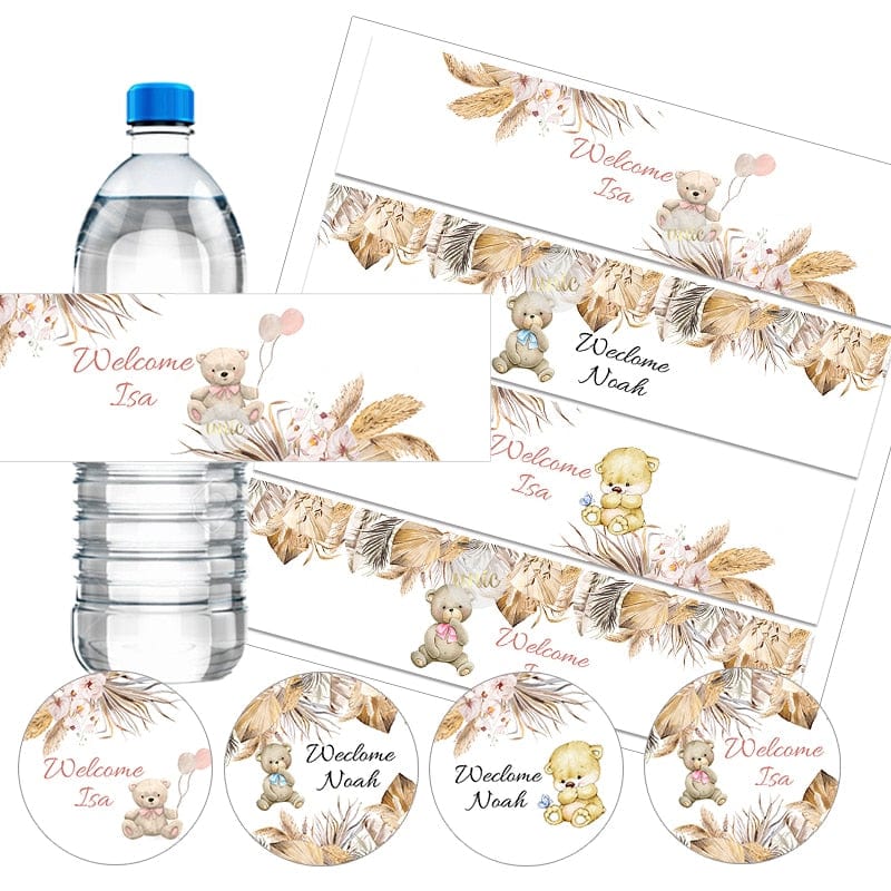 Personalise Pampas Grass Boho Bear Round Sticker Water Bottle Labels 1st Birthday Baby Shower Welcome Baby Baptism Decor Custom