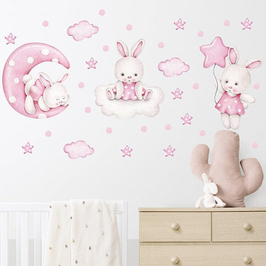 Baby Girls Room Wall Stickers Cartoon Pink Rabbit Wall Decals Bedroom Decoration Kids Room Nursery Room Kindergarten Stickers