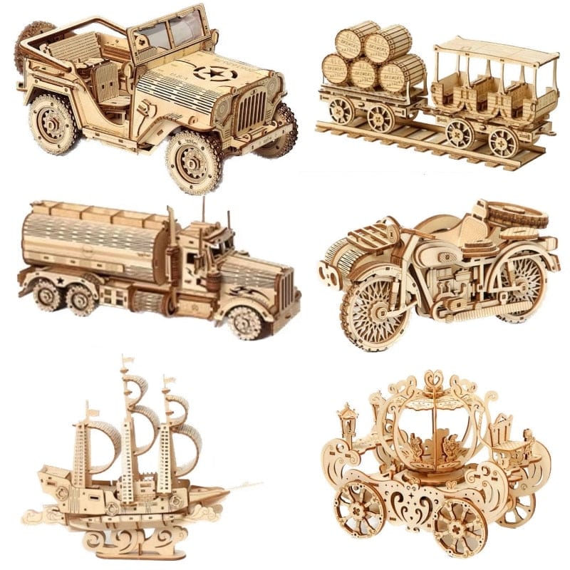 Wooden Puzzles Toys Army Jeep Model Montessori Toys Steam Train Model Building Kits for Kids Gift Home Decor