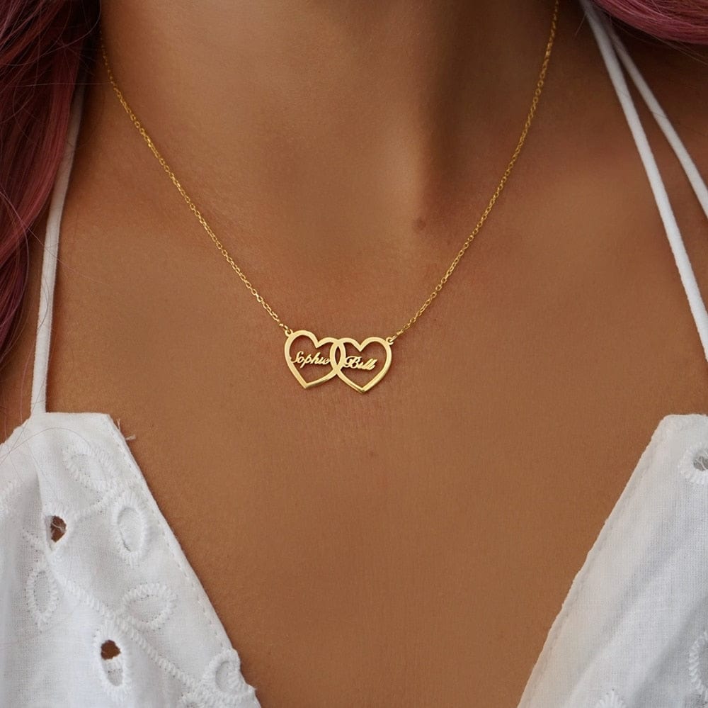 Personalized Two Name Necklace Gold Plated Heart Pendant Stainless Steel Customized Letter Choker for Women Unique Jewelry