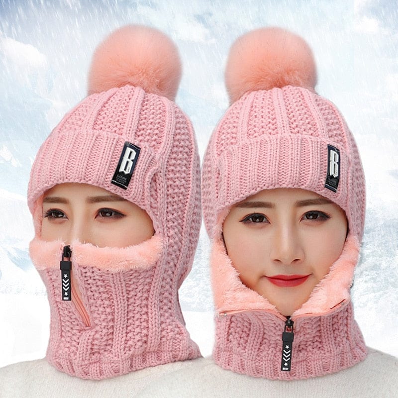 Women Wool Knitted Hat Ski Hat Windproof Winter Outdoor Knit Thick Siamese Scarf Collar Warm Keep Face Warmer Beanies Hat